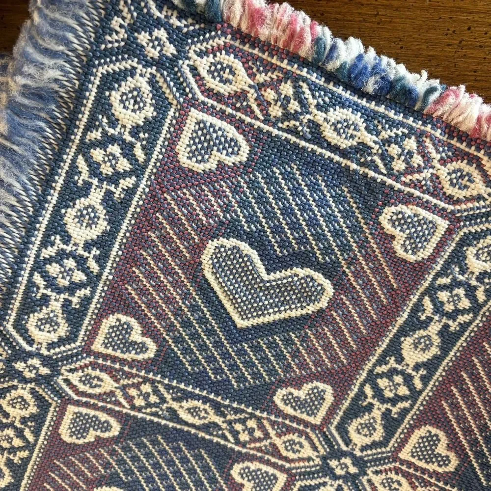 Vtg Placemats 4 Heart Reversible 80's Style Fringe Granny Cottage Core Pink Blue